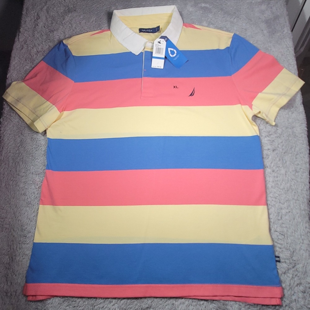 Nautica Men Short Sleeve Multicolor Striped Yellow Blue Pink Polo Shirt Size XL